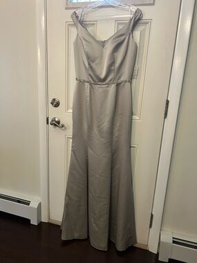 Silver Satin Off-Shoulder Maxi Dress with Beaded Waist